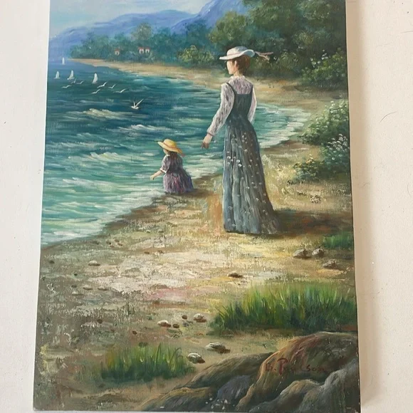 original oil painting signed B.Poulson artwork mother daughter beach - Picture 2 of 8